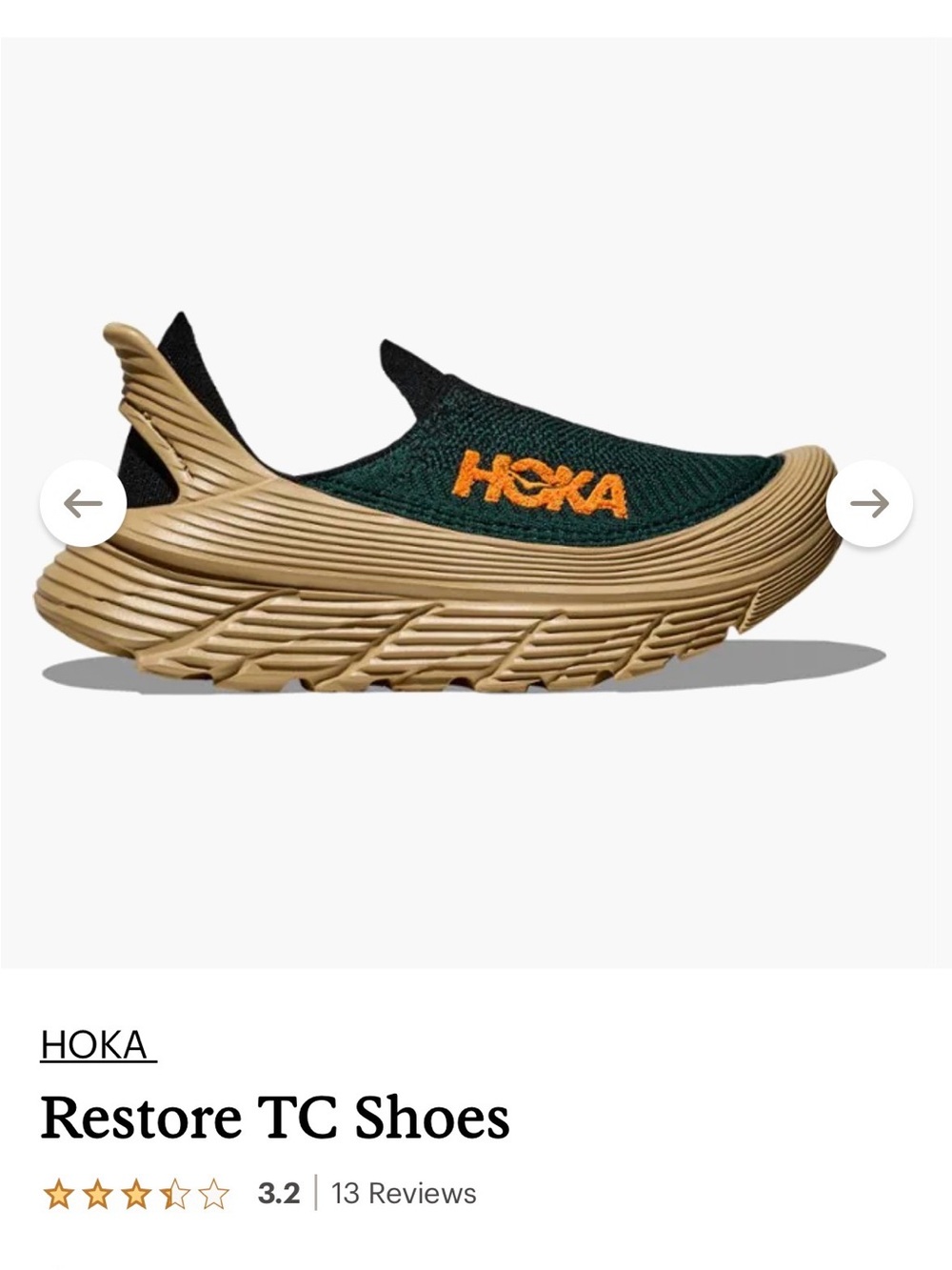 Hoka Restore TC Slip-On in Forest Green and Tan with Orange Logo